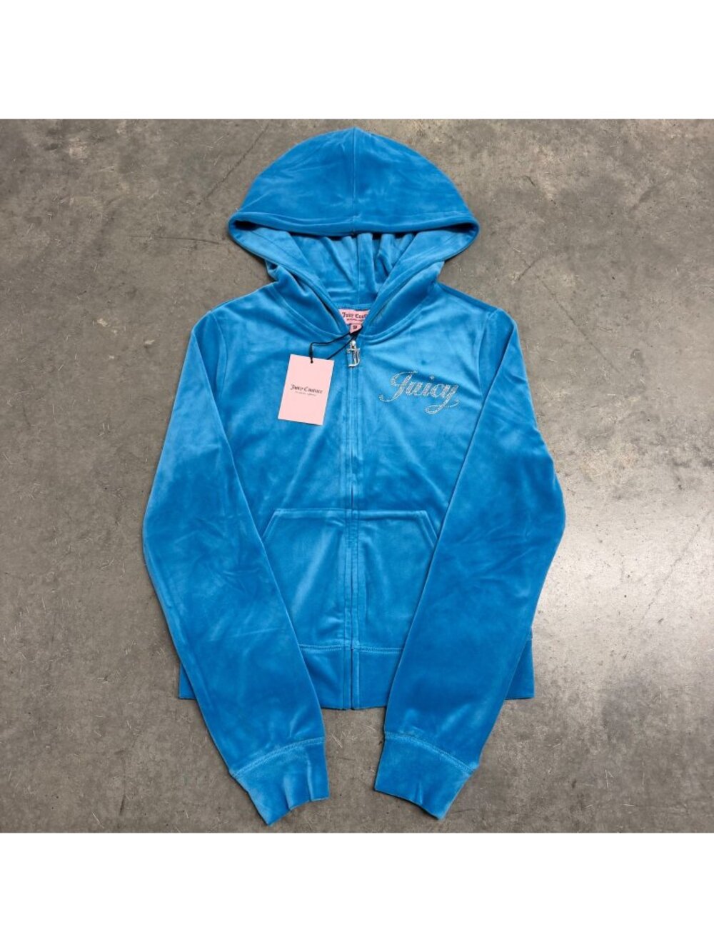 Juicy Couture Turquoise Flash Velour Zip-Up Hoodie With Rhinestone Logo Medium